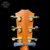 Back of headstock of Used 2019 Taylor Custom 414CE Edgeburst.