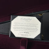 A Martin Guitar Certificate of Authenticity card displayed inside an open black presentation case lined with dark burgundy velvet. The certificate is octagonal with a cream center and black border, featuring the Martin logo and text from C.