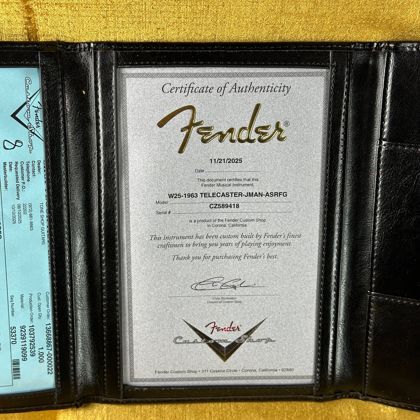 Certificate of authenticity for Fender Custom Shop 1963 Telecaster Journeyman Relic Aged Surf Green.