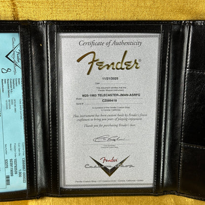 Certificate of authenticity for Fender Custom Shop 1963 Telecaster Journeyman Relic Aged Surf Green.