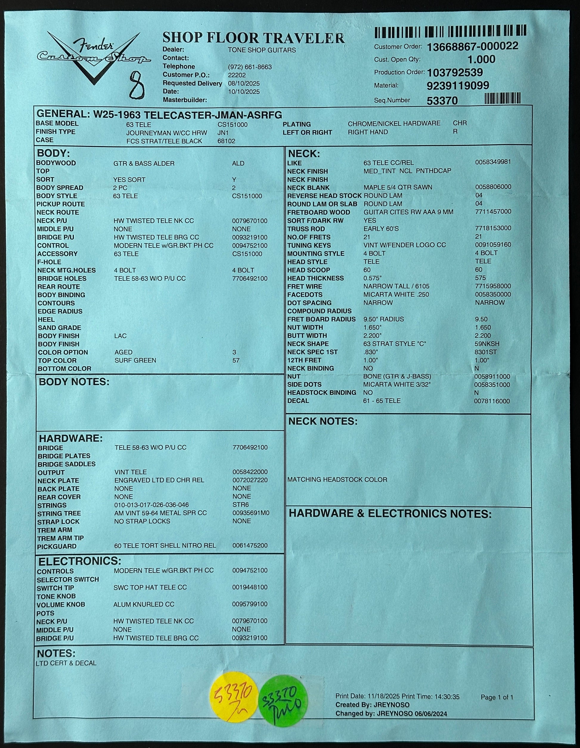 Spec sheet for Fender Custom Shop 1963 Telecaster Journeyman Relic Aged Surf Green.