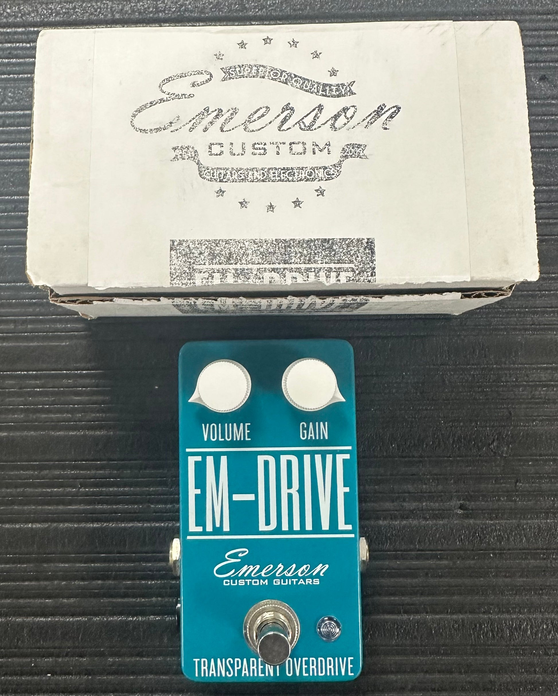 Top with box of Used Emerson Custom EM-Drive Transparent Overdrive Pedal w/box TSS3568