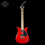Red electric guitar on a black background with 'Tone Shop' logo.