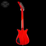Red electric guitar with a black background, featuring the Tone Shop logo.