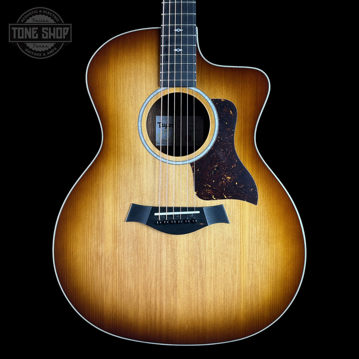Front of Taylor Prototype Sunset Boulevard 214ce DLX SEB Rosewood/Sitka.
