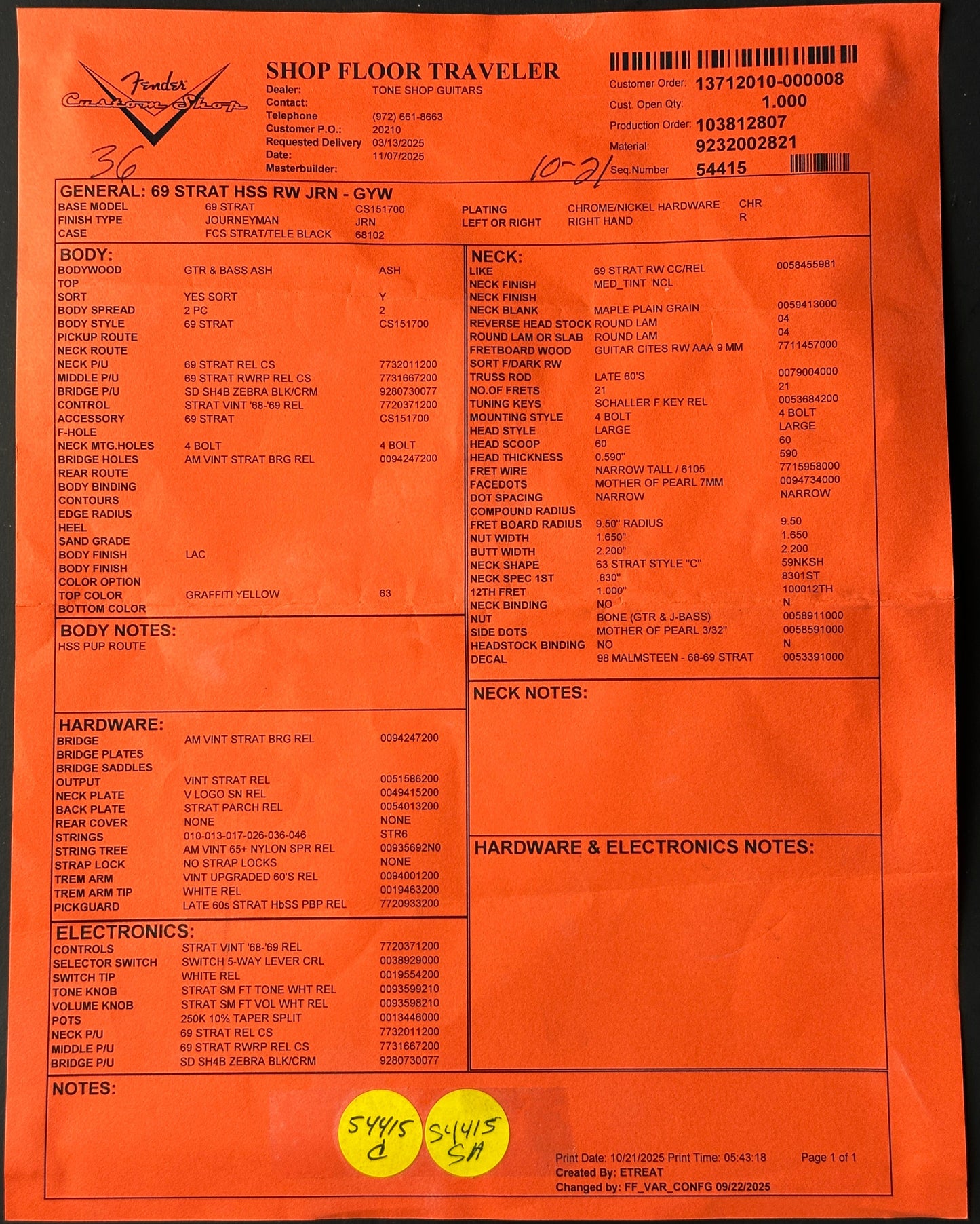 Orange form with printed text and a yellow label on a black background