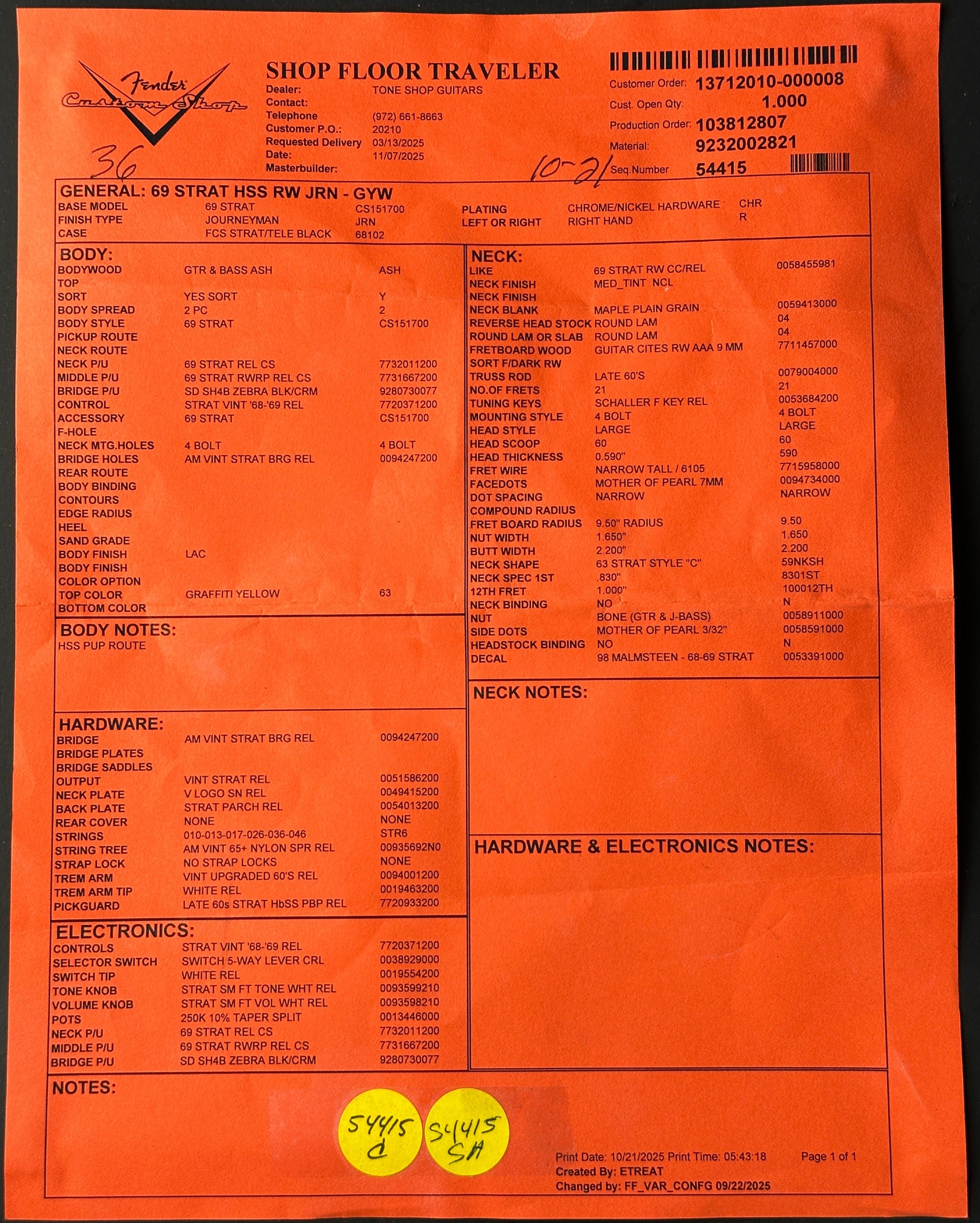 Orange form with printed text and a yellow label on a black background
