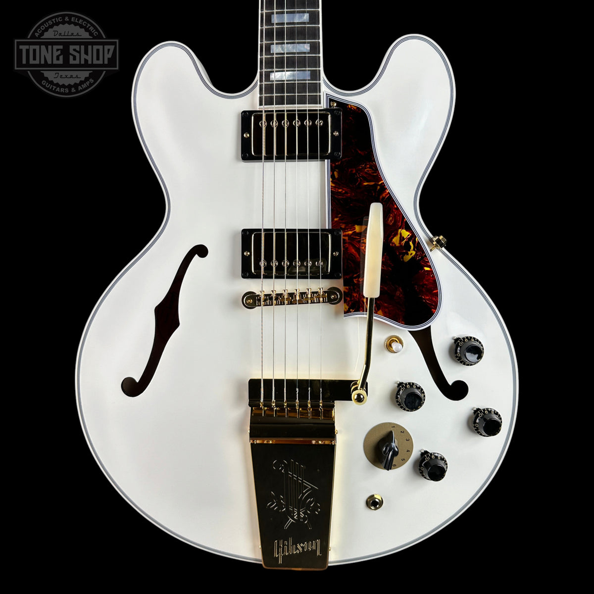Front of Gibson Custom 1959 ES-355 Maestro Varitone Alpine White VOS.