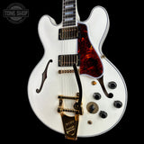 Front angle of Gibson Custom 1959 ES-355 Bigsby Varitone Alpine White Ultra Light Aged.
