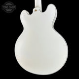 Back angle of Gibson Custom 1959 ES-355 Bigsby Varitone Alpine White Ultra Light Aged.