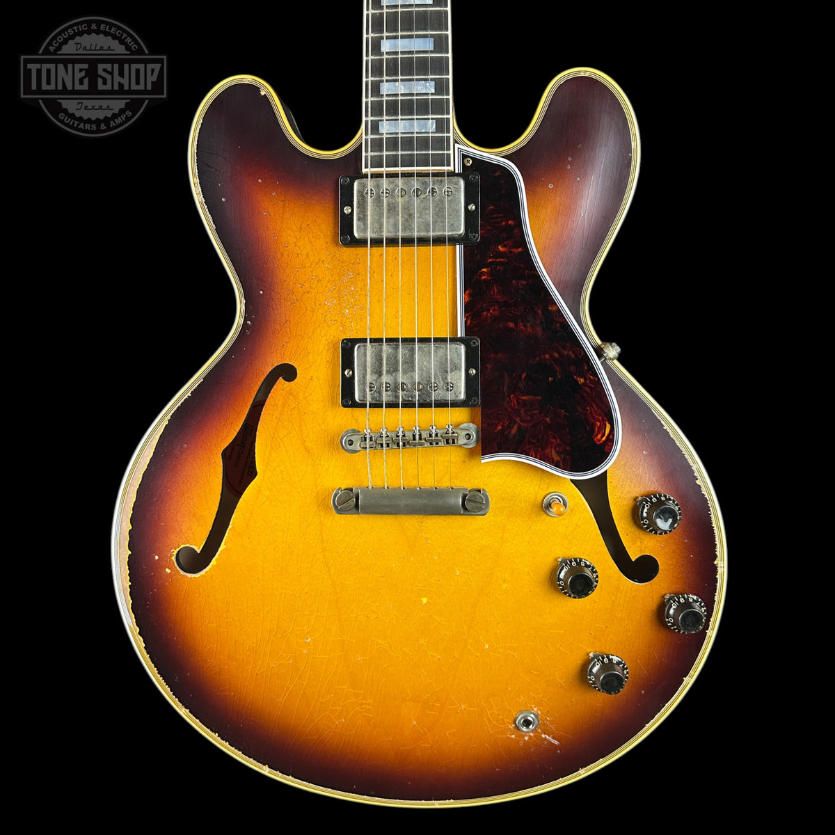 Front of Gibson Custom 1959 ES-355 Bourbon Burst Heavy Aged.