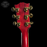 Back of headstock of Gibson Custom 1959 ES-355 Figured Dark Viking Red Ultra Light Aged.
