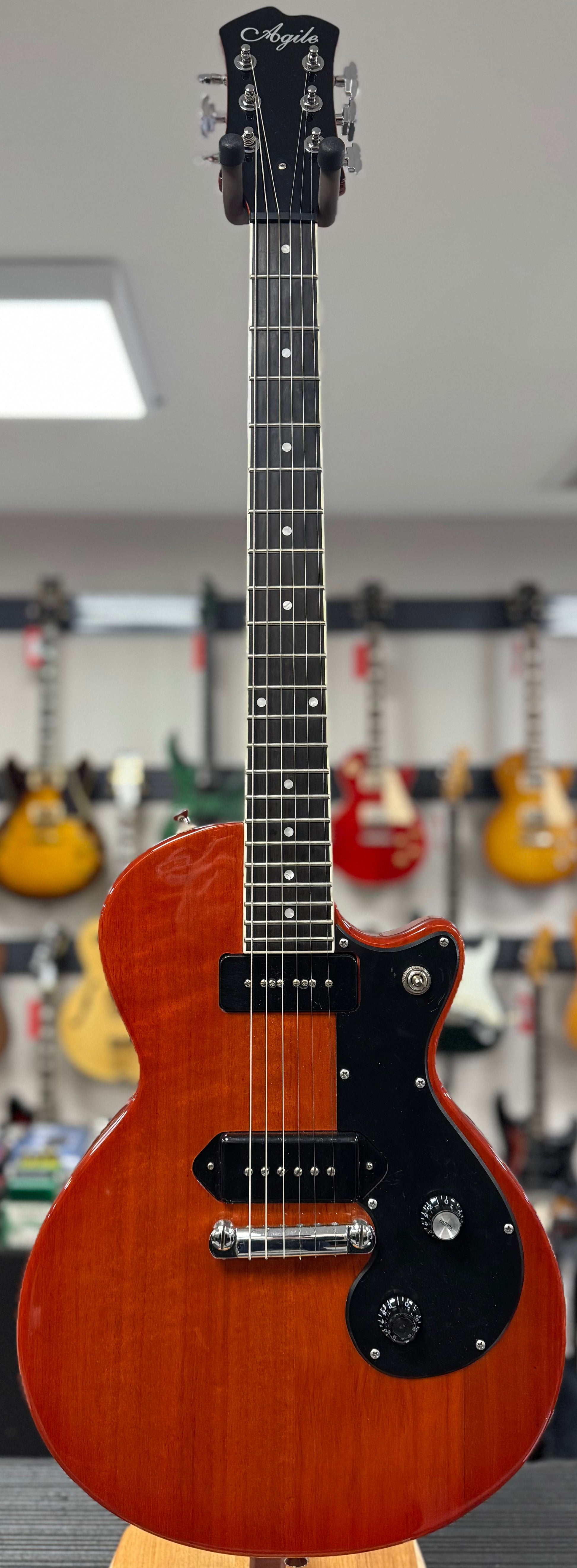 Full front of Used Agile AD201 Cherry Stain Electric Guitar w/Case TSS6631