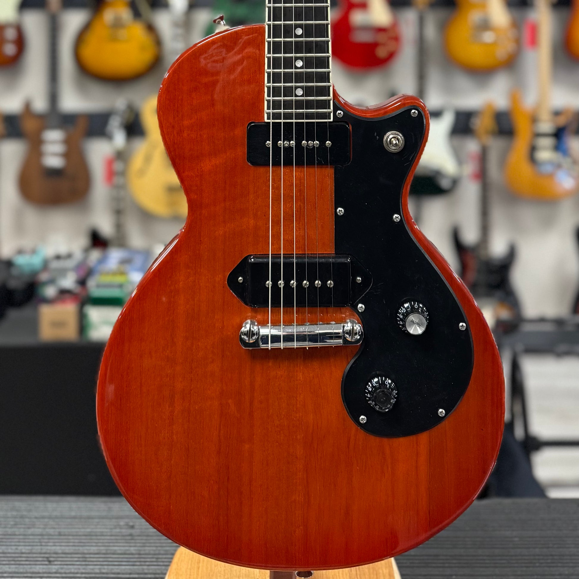 Front of Used Agile AD201 Cherry Stain Electric Guitar w/Case TSS6631