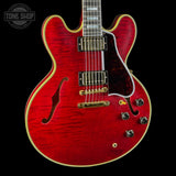 Front angle of Gibson Custom 1959 ES-355 Figured Dark Viking Red Ultra Light Aged.