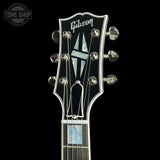 Headstock of Gibson Custom Shop 1959 ES-355 Reissue Diamond F-Holes Silver Sparkle Heavy Flake Gloss.