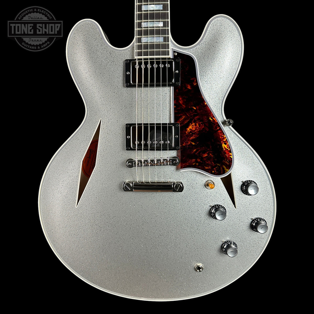 Front of Gibson Custom Shop 1959 ES-355 Reissue Diamond F-Holes Silver Sparkle Heavy Flake Gloss.