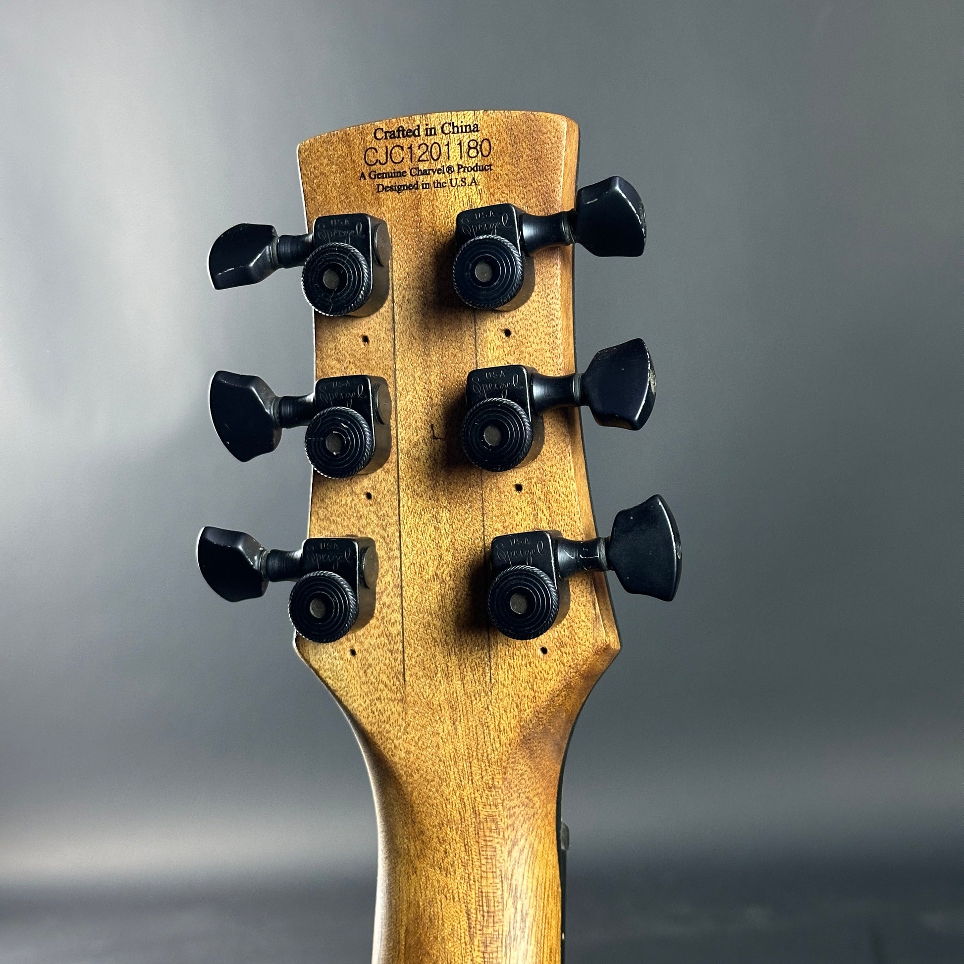 Guitar headstock with tuning pegs on a gray background