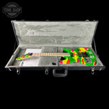 Colorful electric guitar in a hard-shell case with 'Tone Shop' branding.