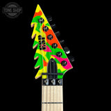 Colorful guitar neck with a black background, featuring the Tone Shop logo.