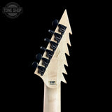Guitar headstock with brand logo on a black background