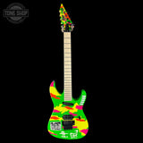 Colorful electric guitar with a multicolored body and neck on a black background, featuring the 'Tone Shop' logo.