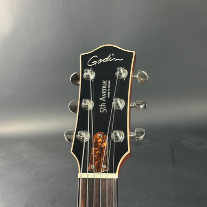 Guitar headstock with 'Godin' branding on a gray background