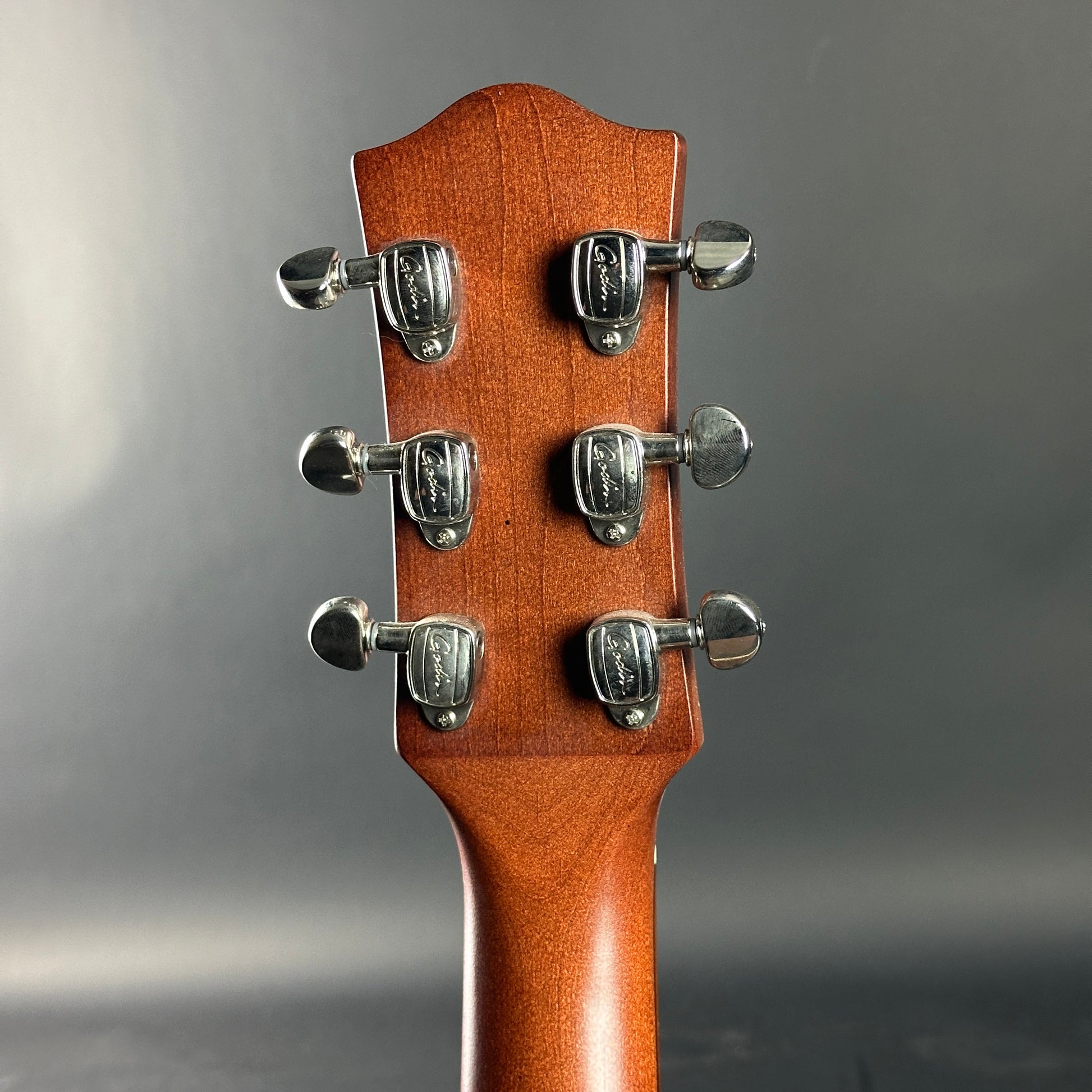 Close-up of a guitar headstock with tuning pegs on a gray background