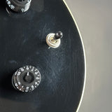 Close-up of a black guitar body featuring a silver toggle switch and two black rotary dials with white markings, set against a neutral gray background.