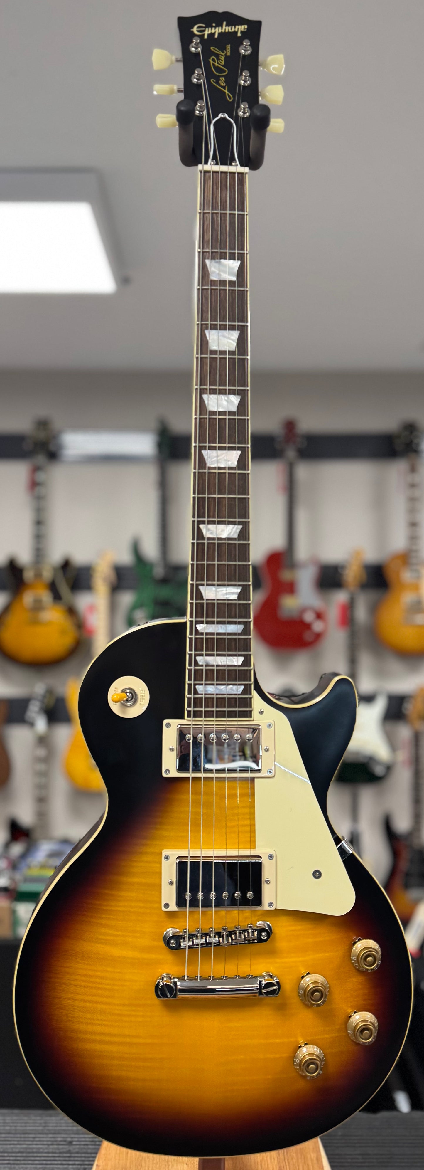 Full front of Used Epiphone "Inspired By Gibson Custom" 1959 Les Paul Standard Tobacco Burst w/case TSS6660