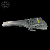 A black guitar headstock hard case with yellow embroidered 'Spector' logos on the front pocket and body, shown against a solid black background with a Tone Shop watermark in the top-left corner.