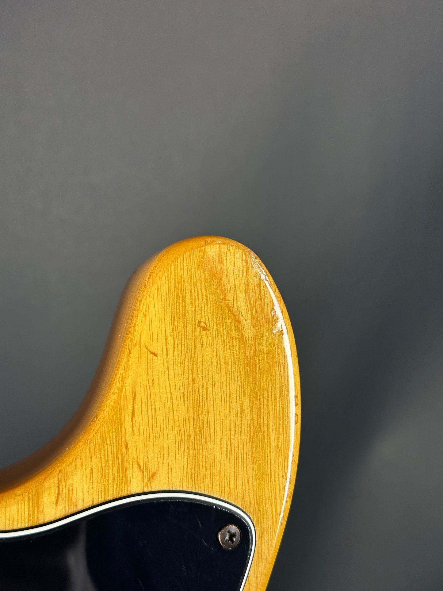 Close-up of a guitar's wooden neck and headstock on a dark background