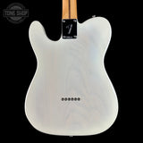 The back of a Fender Telecaster electric guitar in a glossy white finish, featuring a maple neck and a black hardware plate with a silver Fender logo, shown against a solid black background.