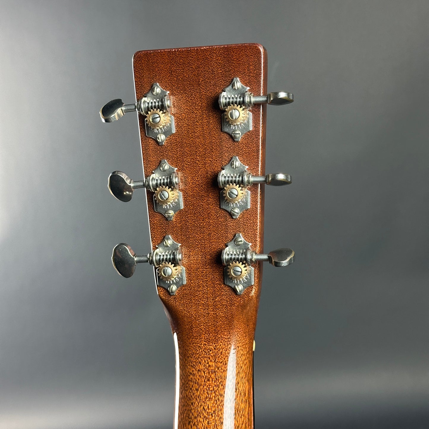 Close-up of a guitar headstock with tuning pegs on a gray background