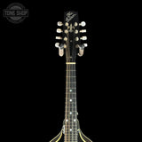 Close-up of a black mandolin headstock with six tuning pegs and gold-toned strings, shown against a solid black background. The headstock features the 'The Dalton' brand name in white script.