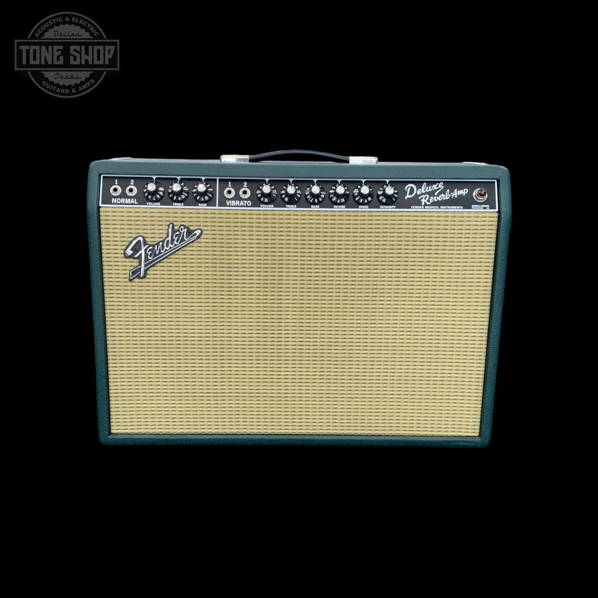 Front of Used Fender FSR '65 Deluxe Reverb British Racing Green Eminence GA-SC64 1x12 Combo TFW3520.