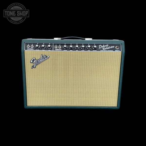 Front of Used Fender FSR '65 Deluxe Reverb British Racing Green Eminence GA-SC64 1x12 Combo TFW3520.