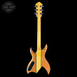 A double-cutaway electric guitar shown from the back, featuring a glossy natural wood finish with a bright yellow maple wood back panel and headstock, set against a solid black background.