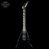 Black electric guitar with a unique design on a black background, featuring the 'Tone Shop' logo.