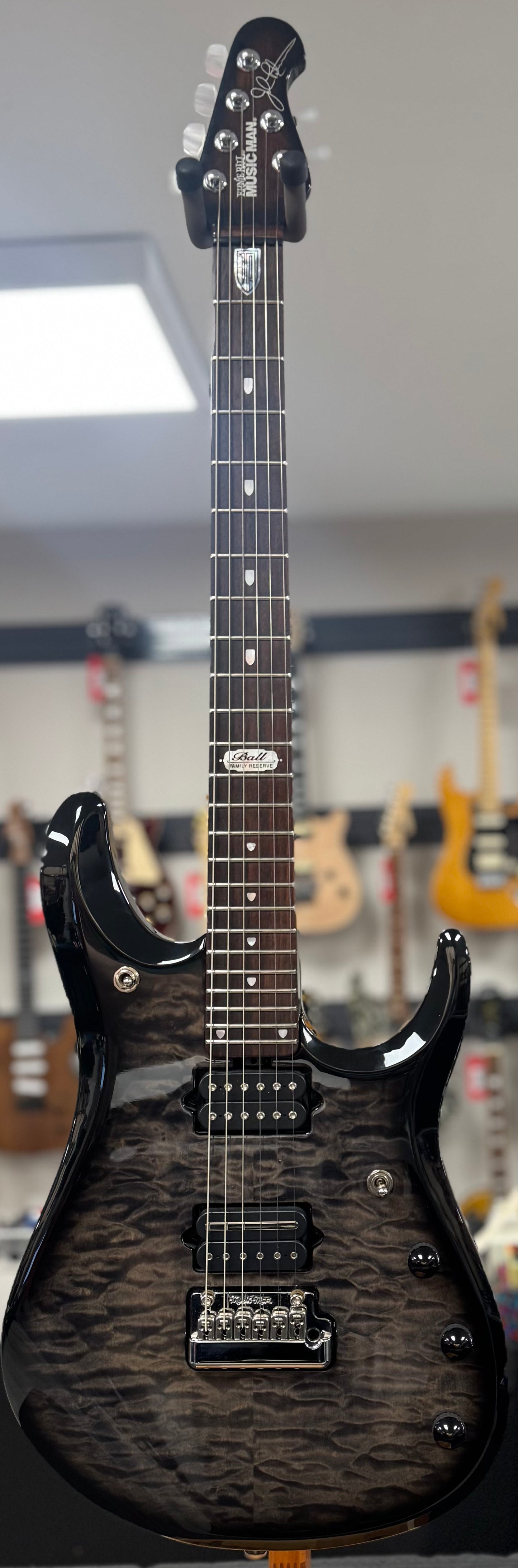 Full front of Used 2007 Music Man Ball Family Reserve JP15-06 Transparent Black w/Case TSS6680