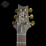 Close-up of the headstock of a Takamine electric guitar against a black background, showing the dark wood grain, gold tuning pegs, and signature logo.