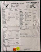 A printed paper inventory tag for a Fender Shop Floor Traveler bass guitar, detailing specifications, serial numbers, and notes for a 'General B3 Jazz Bass (JIN - AAZ0)' model.