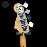 Back of headstock of Used Squier P-Bass Black TFW3548.