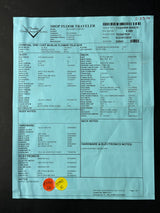 A light blue Fender Shop Floor Traveler form sheet for a Vint Cust 68 Blue Flower Tele, showing detailed manufacturing and customization notes on a black background.