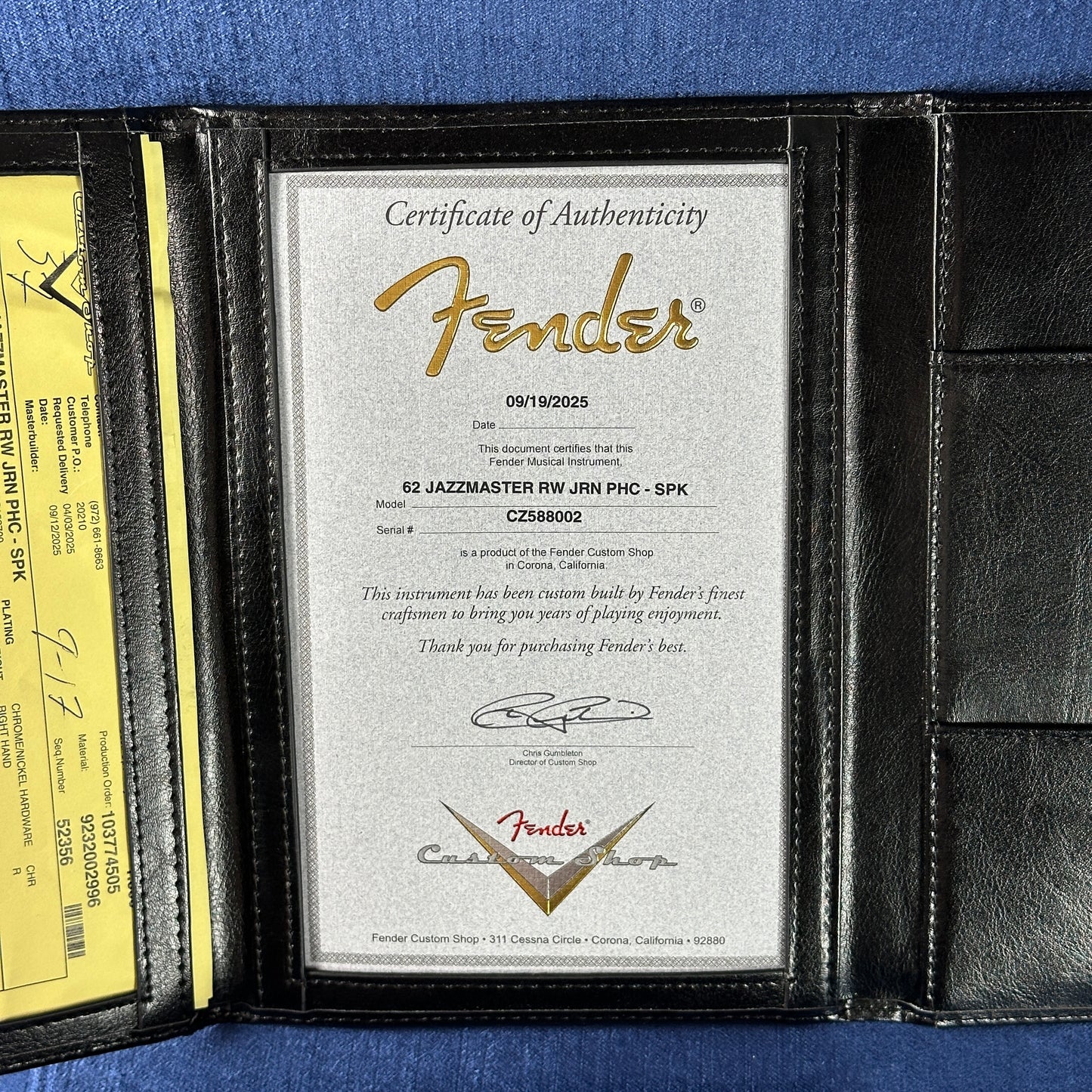 Certificate of authenticity for Fender Custom Shop 1962 Jazzmaster Journeyman Relic PHC SPK.