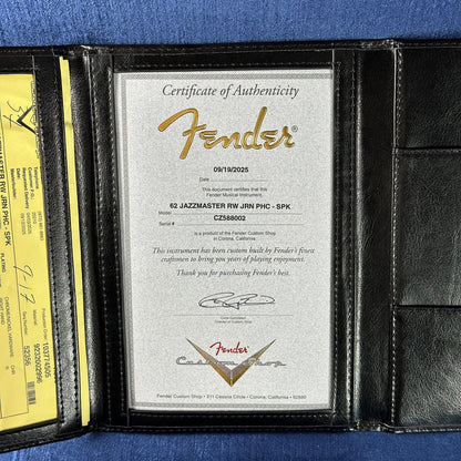 Certificate of authenticity for Fender Custom Shop 1962 Jazzmaster Journeyman Relic PHC SPK.