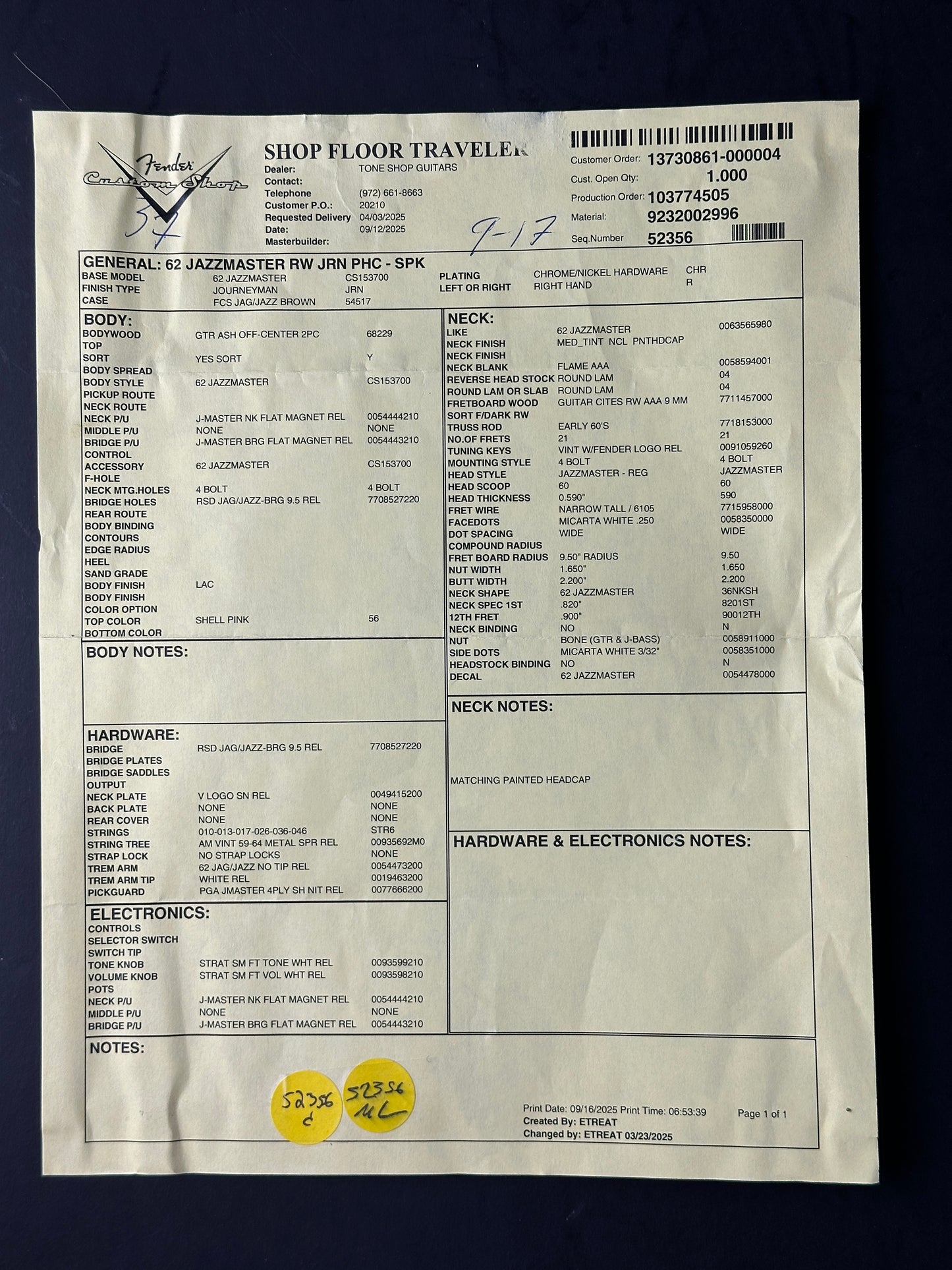 Spec sheet for Fender Custom Shop 1962 Jazzmaster Journeyman Relic PHC SPK.