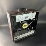 Vintage-style audio amplifier with brand logo on a gray background
