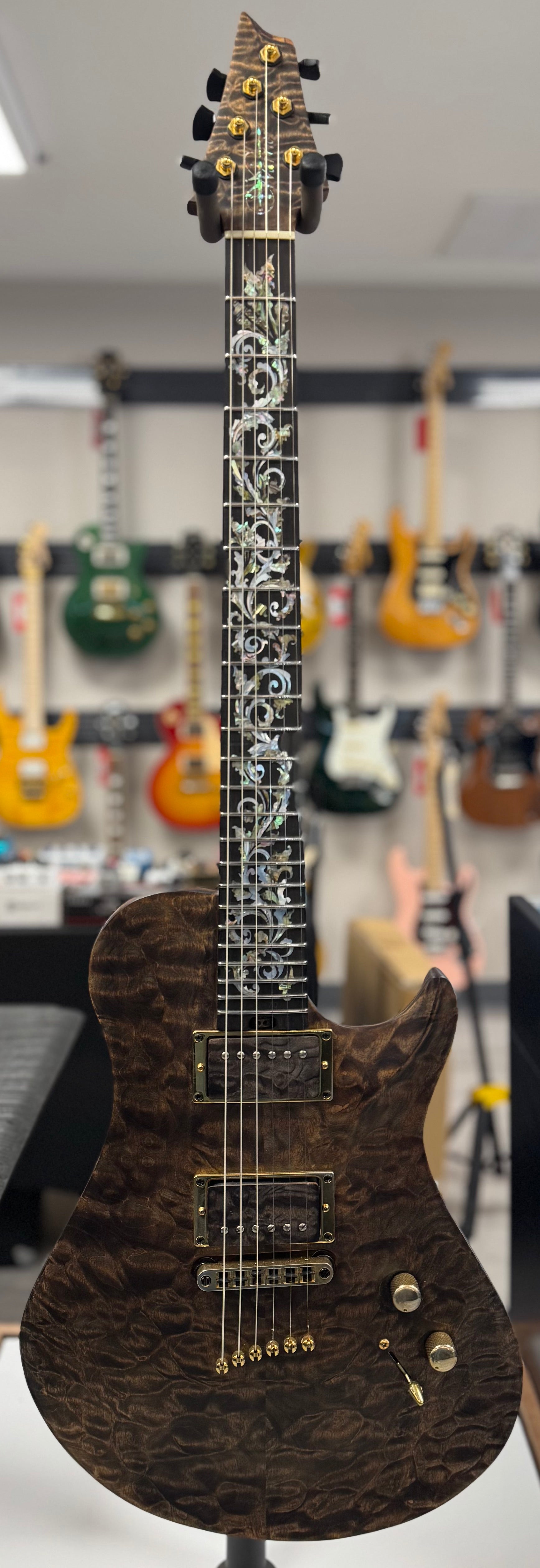 Front of whole Used Warrior King's Closet Isabella Guitar w/Burl top w/Vine of Life w/Bag TSS6756