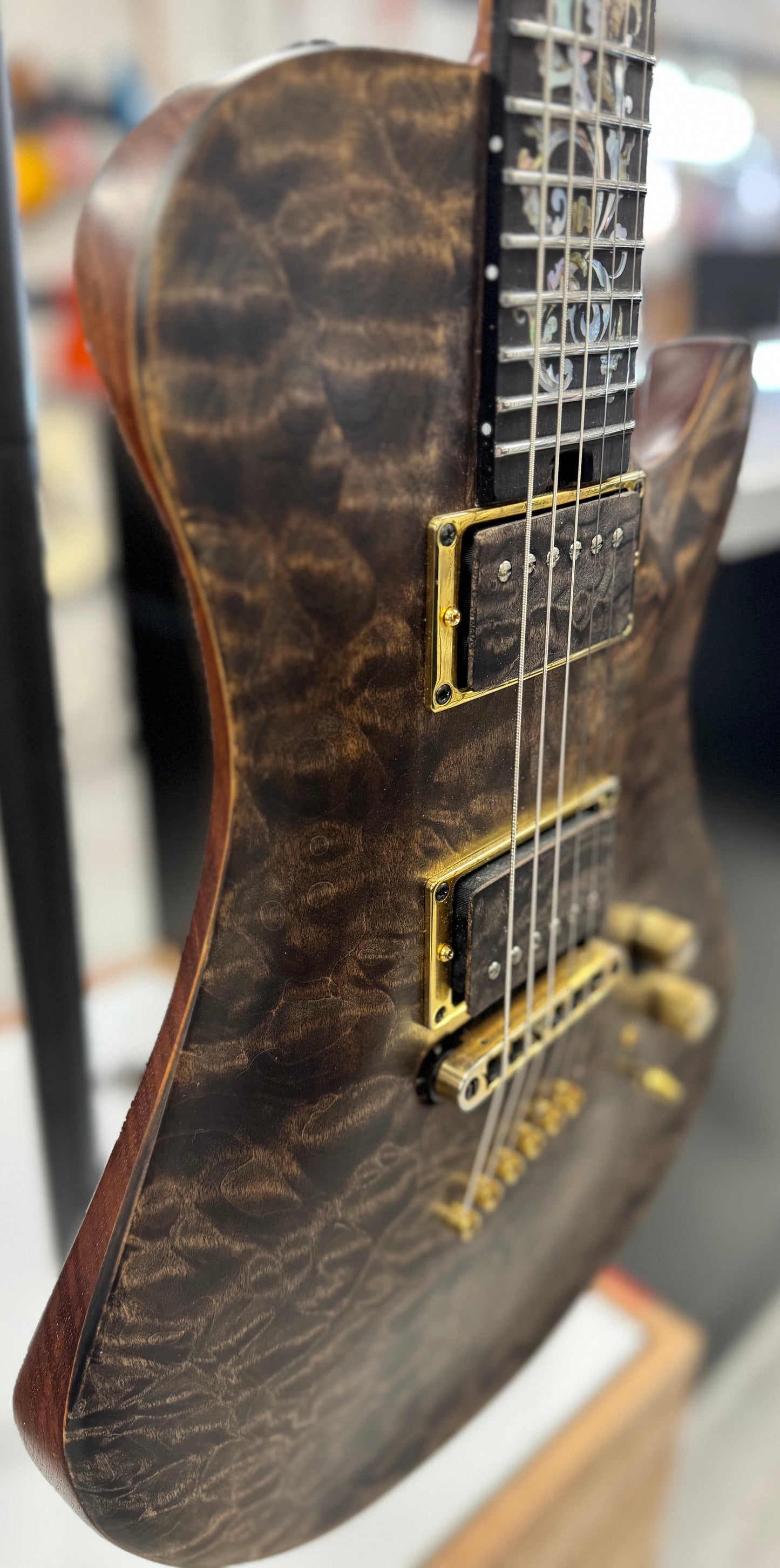 Right side of Used Warrior King's Closet Isabella Guitar w/Burl top w/Vine of Life w/Bag TSS6756
